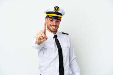 Airplane Brazilian pilot isolated on white background showing and lifting a finger