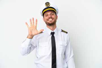 Airplane Brazilian pilot isolated on white background counting five with fingers