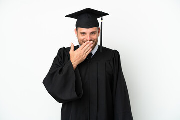 Young university Brazilian graduate isolated on white background happy and smiling covering mouth with hand