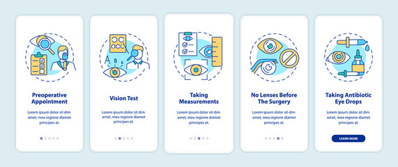 Laser eye surgery preparation onboarding mobile app page screen. Before procedure walkthrough 5 steps graphic instructions with concepts. UI, UX, GUI vector template with linear color illustrations