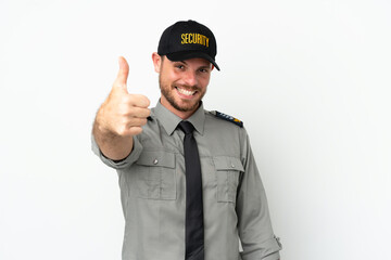 Young security Brazilian man isolated on white background with thumbs up because something good has happened