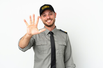 Young security Brazilian man isolated on white background counting five with fingers