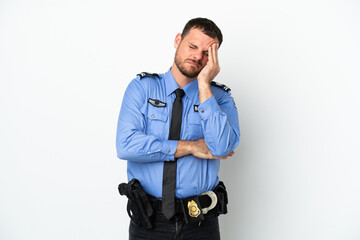 Young police Brazilian man isolated  on white background with headache