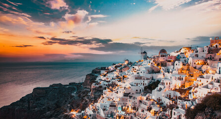 Naklejka premium panorama of amazing sunset over Oia, Santorini