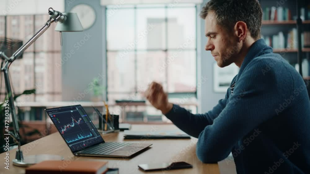 Poster Home Office Day: Caucasian Businessman Using Computer for Analysing Data, Screen Showing Real-Time Stocks, Exchange Market Charts. Remote Working Trader Making e-Commerce Investment. Side View