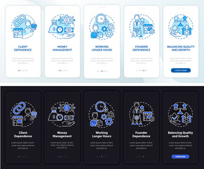 Business organizing tips onboarding mobile app page screen. Project walkthrough 5 steps graphic instructions with concepts. UI, UX, GUI vector template with linear night and day mode illustrations