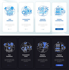 Government and business onboarding mobile app page screen. Startup walkthrough 4 steps graphic instructions with concepts. UI, UX, GUI vector template with linear night and day mode illustrations