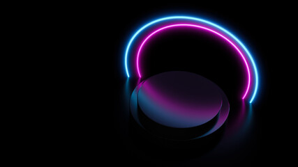 stand with neon arch in dark 3d rendered background