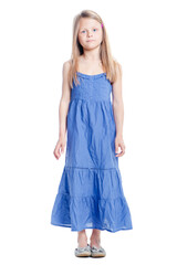 Full length portrait of cute little girl in blue dress. Isolated on white.