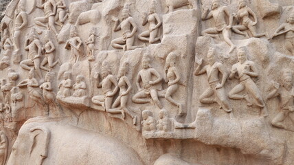 The Descent of the Ganges, also known as Arjuna's Penance, at Mahabalipuram, is one of the largest...
