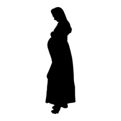 Black silhouette of a pregnant woman in a dress. Vector illustration.