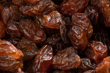 Detailed and large close up shot of dried sultanas.