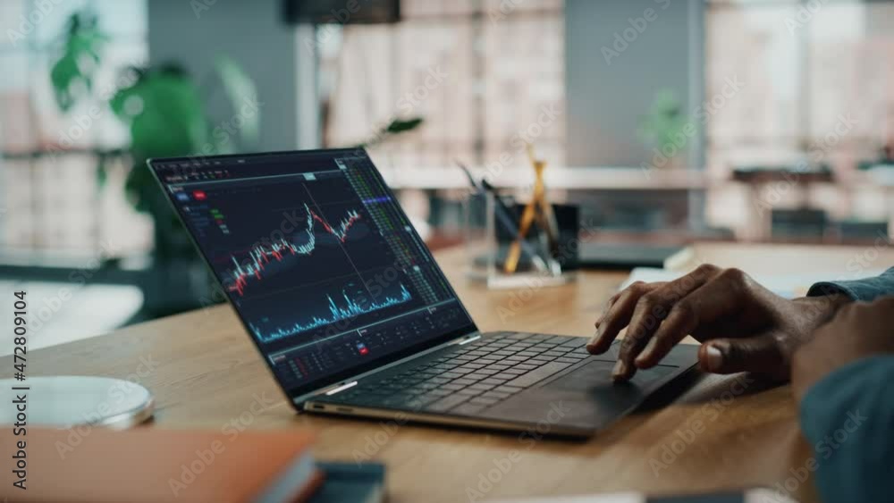 Poster Home Office: Anonymous Financial Analyst Using Computer with Display Showing Stock Market Charts, Data. Remote Working African American Trader Doing e-Commerce Investment. Focus on Hands and Display
