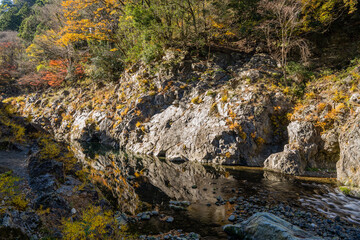 Autumn season Okutama river longer rocks and colourful levels.  wonderful background. Valley view is in Japan 
