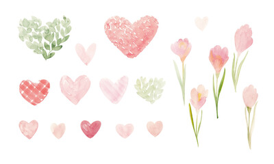 Set of watercolor hearts and spring flowers for Valentine's Day. Suitable as design elements for postcards, posters, advertising packaging