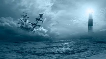 Schilderijen op glas Een oud zeilschip in de mist vaart naar de rotsen met een geweldige vuurtoren - Zeilend oud schip in een stormzee op de achtergrond stormachtige wolken © muratart