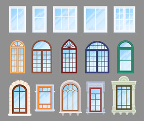 Obraz premium Collection window frames different shape vector flat illustration modern vintage interior exterior