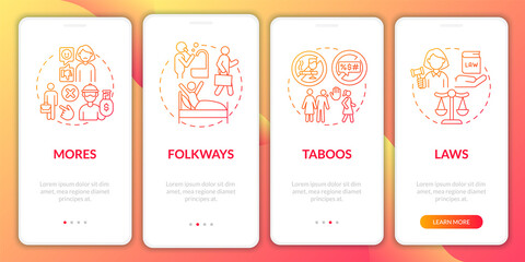 Norms red gradient onboarding mobile app page screen. Social rules walkthrough 4 steps graphic instructions with concepts. UI, UX, GUI vector template with linear color illustrations