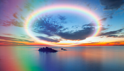 Calm sea before storm with amazing rounded rainbow at sunset   