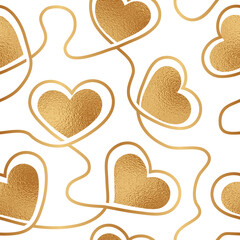 Heart seamless pattern. Gold hearts design love prints. Repeated background with golden foil effect. Repeating modern pattern. Glitter luxury gift wrapper for girls and women. Vector illustration