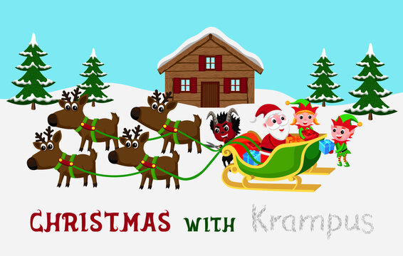 Cute cartoon style illustration of Krampus sabotaging Santa’s sleigh