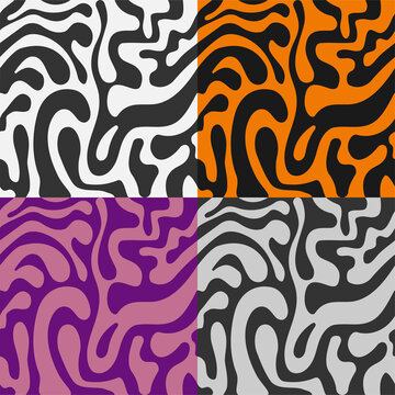 set of seamless patterns with abstract background of striped animal skin. Dark stripes of tiger on orange background. Ornament for decoration and printing on fabric. Design element. Vector