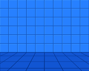 Blue ceramic tile wall and floor. 3D illustration