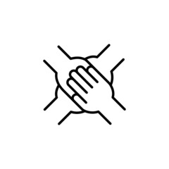 Teamwork icon, 4 hands together. Partnership, community, cooperation, unity, equality concept. Trendy flat outline symbol, sign for: illustration, logo, app, design, web, dev, ui, gui. Vector EPS 10