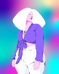 Plus size person with tattoo standing with curly hair