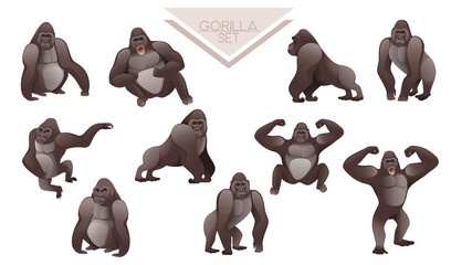 Collection of cute adult Gorilla big mammal cartoon animal design vector illustration © Alfmaler