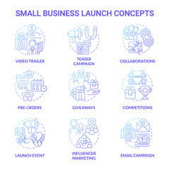 Small business launch concept icons set. Modern instruments of startup boosting. Marketing and business strategy idea thin line color illustrations. Vector isolated outline drawings