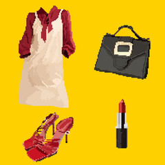 A set of pixelated office clothes in red tones: leather dress with a blouse, black handbag, red sandals, lipstick