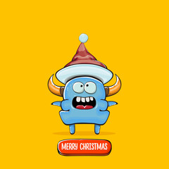 Vector cartoon funky blue monster with Santa Claus red hat isolated on orange background. Childrens Merry Christmas greeting card with funny monster elf Santa Claus.