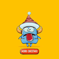 Vector cartoon funky blue monster with Santa Claus red hat isolated on orange background. Childrens Merry Christmas greeting card with funny monster elf Santa Claus.