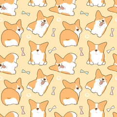 Seamless Pattern of Cute Cartoon Corgi Dog Design on Yellow Background