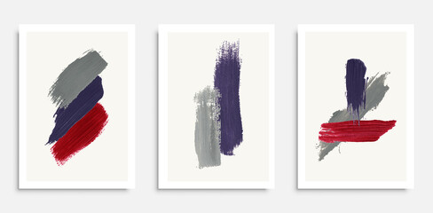 Collection of vertical minimalistic poster  templates with gray, red and purple paint traces, daub, scribble or brush strokes on white background. Modern artistic vector illustration