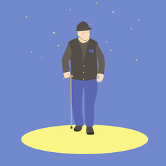Fototapeta premium Old man with walking stick walks under the starry sky.