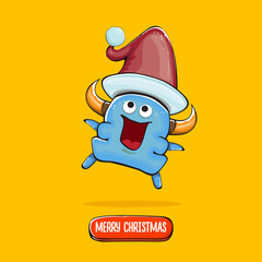 Vector cartoon funky blue monster with Santa Claus red hat isolated on orange background. Childrens Merry Christmas greeting card with funny monster elf Santa Claus.