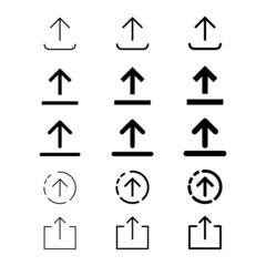 Upload thin and bold line icons set in black on white background. Flat design. Trendy outline logo for app, graphic design, infographic, web site, ui, ux, gui, element, dev, logotype. Vector EPS 10