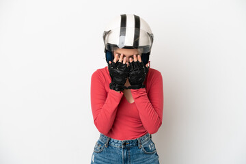 Young caucasian woman with a motorcycle helmet isolated on white background with tired and sick expression