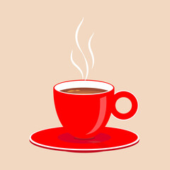 Red Coffee cup with smoke float up. Flat vector illustration