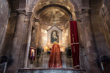Religious service in the Church of St. Karapet monastery Noravank. Armenia