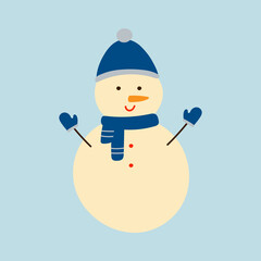 Cute hand drawn snowman wearing blue hat, scarf and mittens. Christmas winter design element in doodle style. 