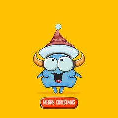 Vector cartoon funky blue monster with Santa Claus red hat isolated on orange background. Childrens Merry Christmas greeting card with funny monster elf Santa Claus.