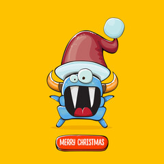 Vector cartoon funky blue monster with Santa Claus red hat isolated on orange background. Childrens Merry Christmas greeting card with funny monster elf Santa Claus.