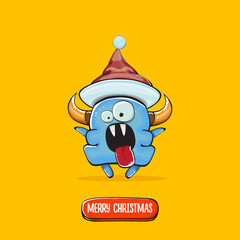 Vector cartoon funky blue monster with Santa Claus red hat isolated on orange background. Childrens Merry Christmas greeting card with funny monster elf Santa Claus.
