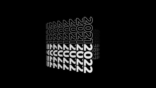 Seamlessly looping kinetic typography animation of multiple "2021  2022" numbers on black backdrop. Vertical orientation shot.