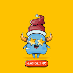 Vector cartoon funky blue monster with Santa Claus red hat isolated on orange background. Childrens Merry Christmas greeting card with funny monster elf Santa Claus.