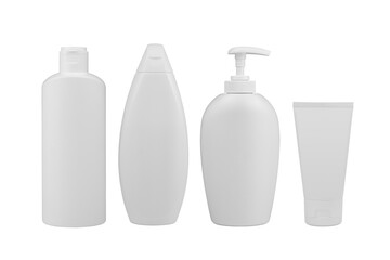 Blank unbranded plastic containers. Set of cosmetic bottles and tubes isolated on white background. Skin care products packaging mock up. 