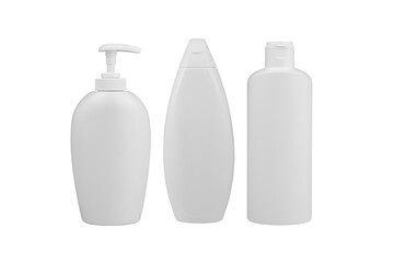 Set of skin care and bath products packaging mock up. Blank cosmetic bottles isolated on white background. Unbranded cosmetic containers.